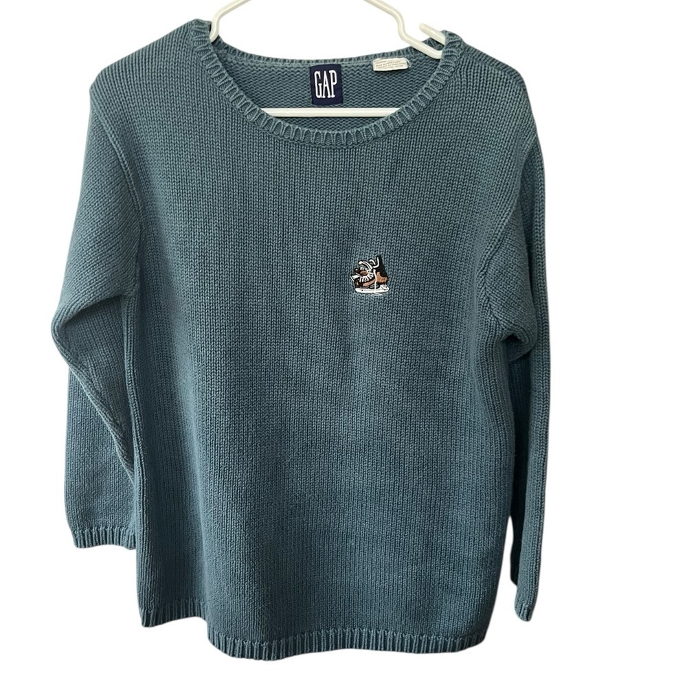 Vintage 90s Gap Sweater Mens Sz M Blue Heavyweight Cotton Embroidered Crewneck